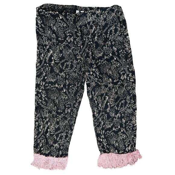 Vintage Black White Line Drawing Pink Tassel Capri Pants Size L Drawstring Waist - Picture 1 of 11